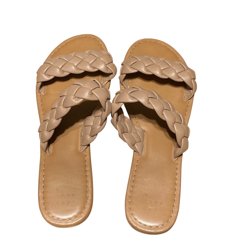 A New Day Tan Braided Double Strap Slide Sandals Size 7.5